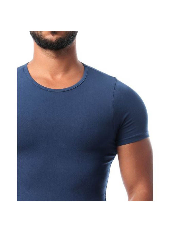 DICE Round Neck Short Sleeve Slim Plain T_Shirt Navy - Image 4