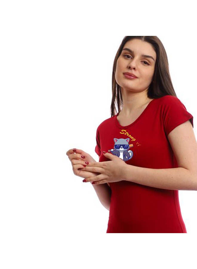 Mesery Printed Short Sleeve Round Neck Sleepshirt Red  - Image 2