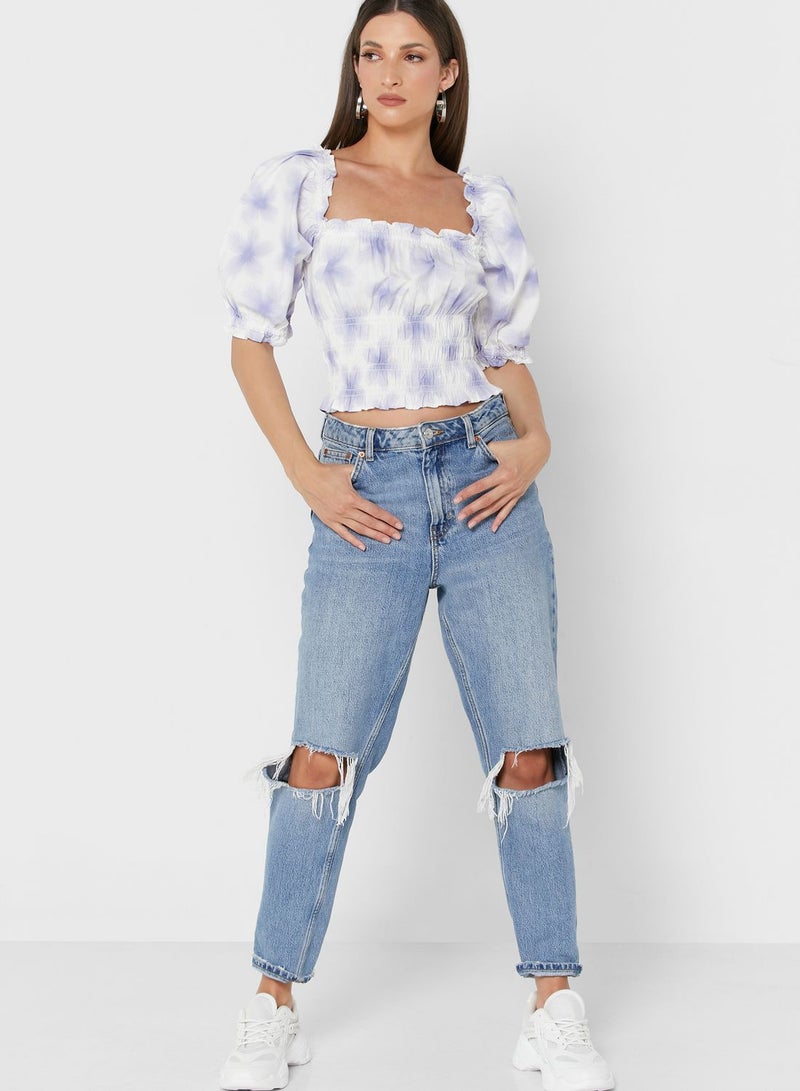 Square Neck Ruched Top Multicolour