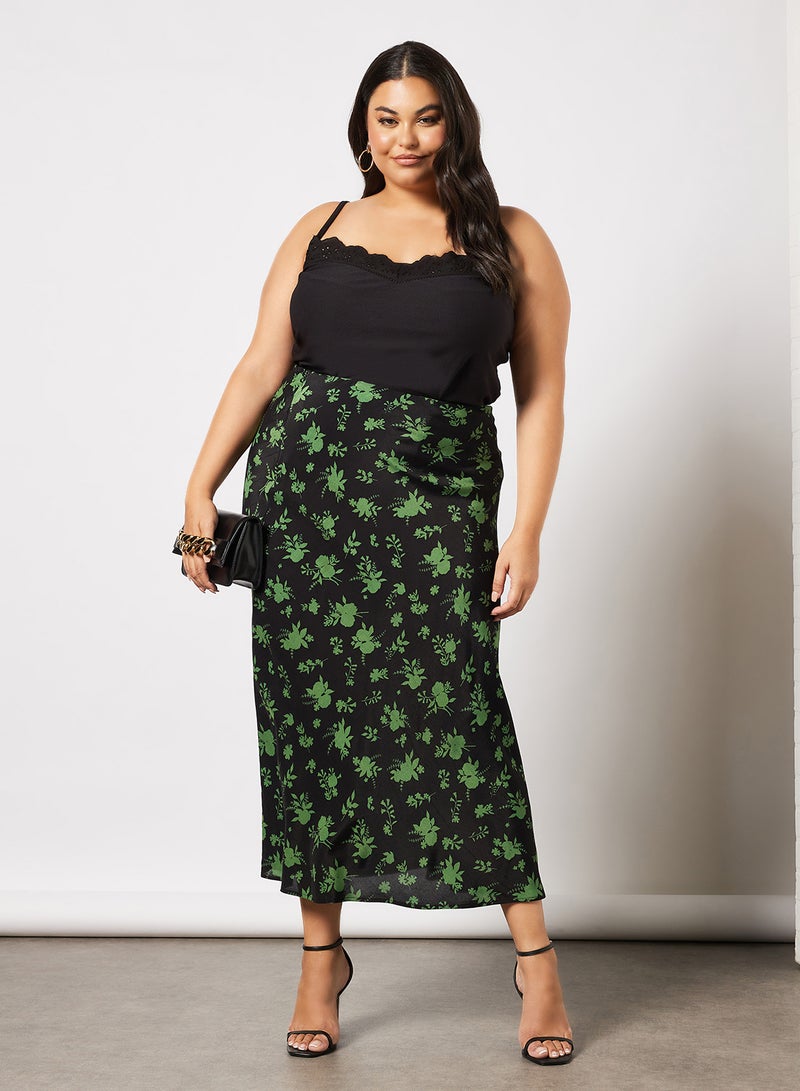 Violeta By Mango - Plus Size Floral Print Skirt Black - Image 1