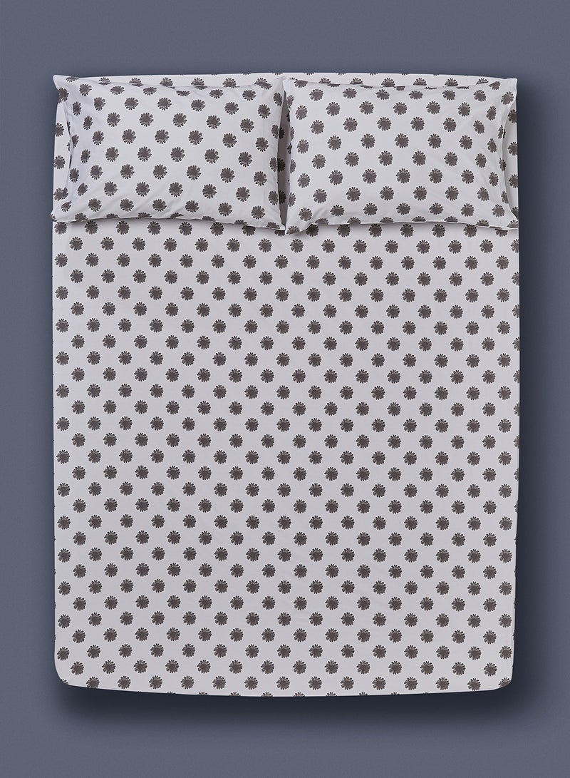 Noon East - Fitted Bedsheet Set Queen Size 100% Cotton Premium Quality 200 TC Everyday Use Breathable And Soft, With 1 Bed Sheet 150X200 Cm + 25cm And 2 Pillow Cases 50X75 Cm - Grey Daisy Grey Daisy - Image 1