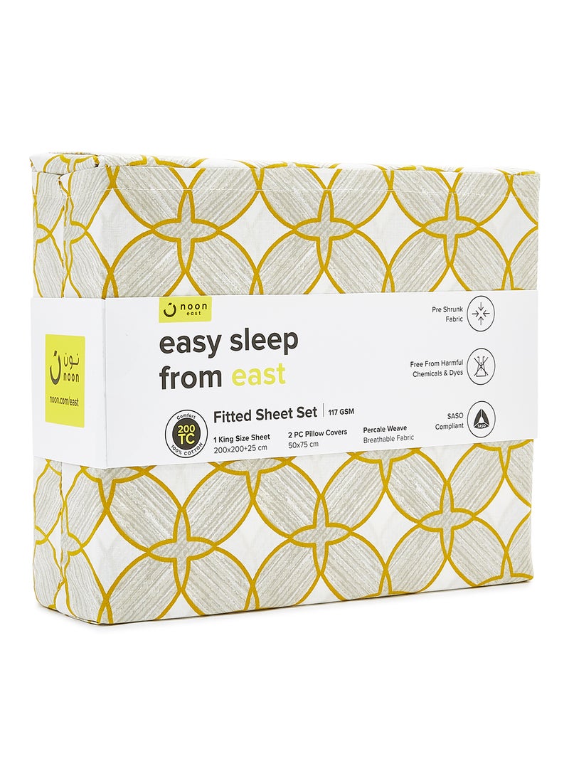 Noon East - Fitted Bedsheet Set Queen Size 100% Cotton Premium Quality 200 TC Everyday Use Breathable And Soft, With 1 Bed Sheet 150X200 Cm + 25cm And 2 Pillow Cases 50X75 Cm - White/Mustard White/Mustard - Image 1