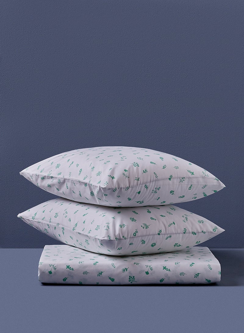Noon East - Fitted Bedsheet Set Queen Size 100% Cotton Premium Quality 200 TC Everyday Use Breathable And Soft, With 1 Bed Sheet 150X200 Cm + 25cm And 2 Pillow Cases 50X75 Cm - White/Green White/Green - Image 1