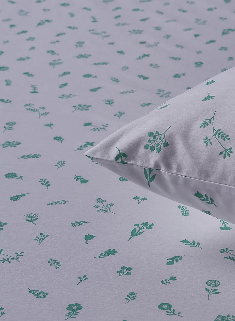 Noon East - Fitted Bedsheet Set Queen Size 100% Cotton Premium Quality 200 TC Everyday Use Breathable And Soft, With 1 Bed Sheet 150X200 Cm + 25cm And 2 Pillow Cases 50X75 Cm - White/Green White/Green - Image 1