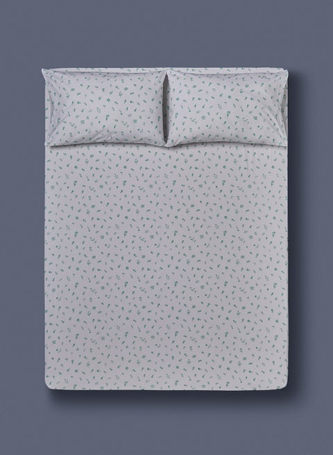 Fitted Bedsheet Set Queen Size 100% Cotton Premium Quality 200 TC Everyday Use Breathable And Soft, With 1 Bed Sheet 150X200 Cm + 25cm And 2 Pillow Cases 50X75 Cm - White/Green White/Green