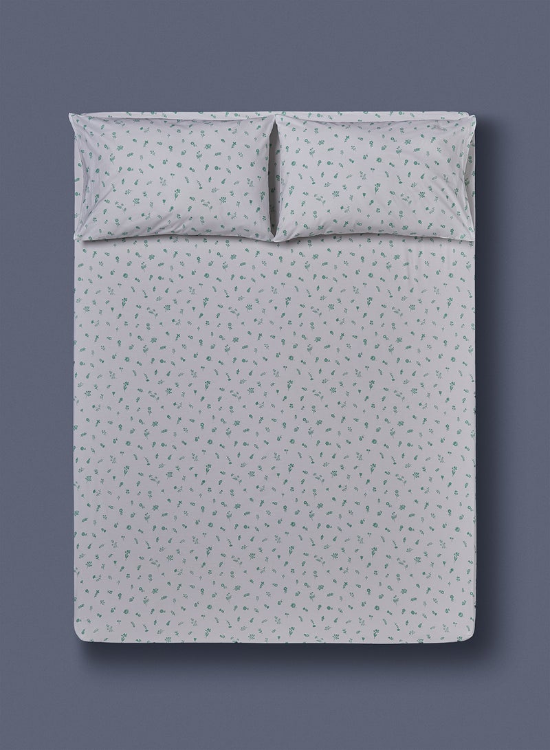 Noon East - Fitted Bedsheet Set Queen Size 100% Cotton Premium Quality 200 TC Everyday Use Breathable And Soft, With 1 Bed Sheet 150X200 Cm + 25cm And 2 Pillow Cases 50X75 Cm - White/Green White/Green - Image 1