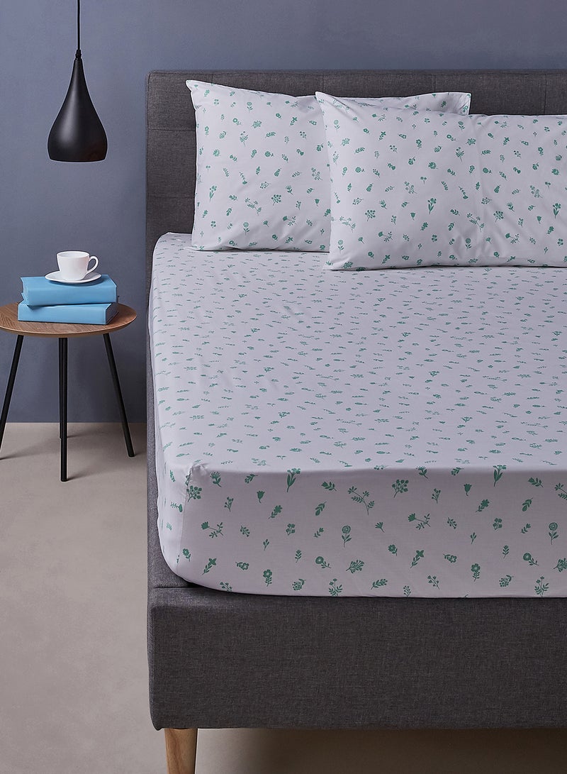 Noon East - Fitted Bedsheet Set Queen Size 100% Cotton Premium Quality 200 TC Everyday Use Breathable And Soft, With 1 Bed Sheet 150X200 Cm + 25cm And 2 Pillow Cases 50X75 Cm - White/Green White/Green - Image 1