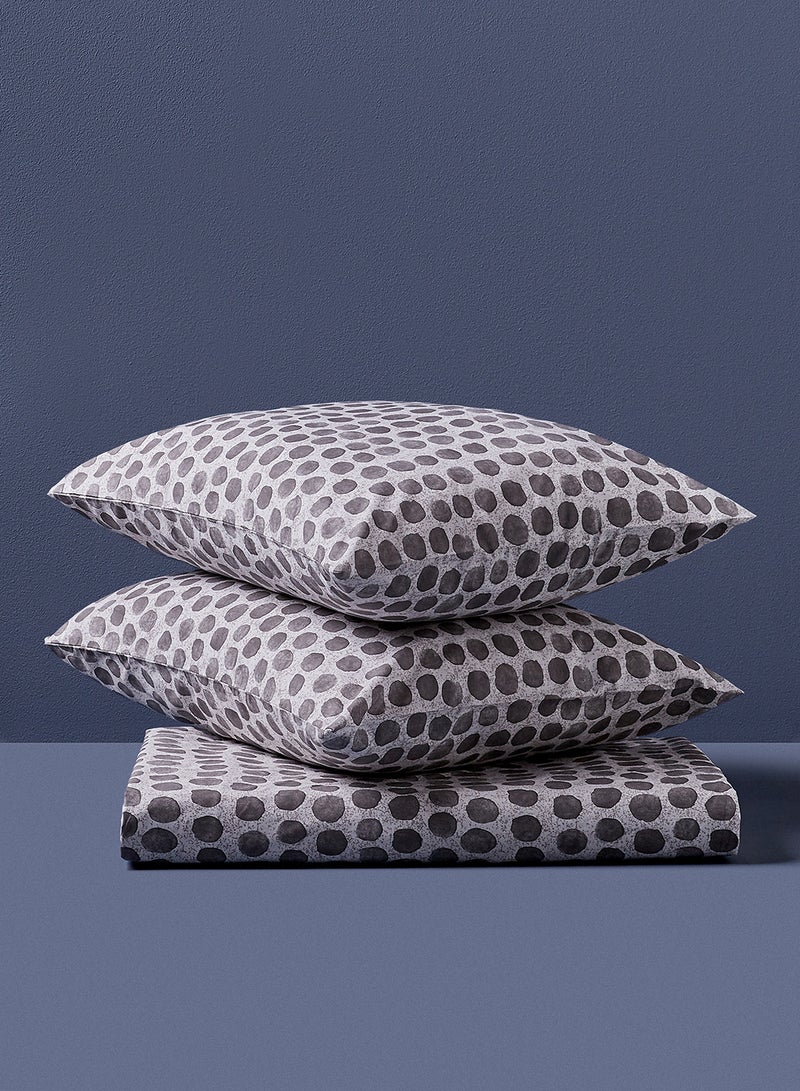 Noon East - Fitted Bedsheet Set King Size 100% Cotton Premium Quality 200 TC Everyday Use Breathable And Soft, With 1 Bed Sheet 200X200 Cm + 25cm And 2 Pillow Cases 50X75 Cm - Grey Dots Grey Dots - Image 1