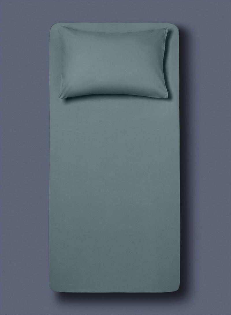 100 % Cotton 200 Thread Count 2-Piece Solid Design Fitted  Sheet With Pillow Case Set -150X200 + 25 cm + 2 Pillow Case 50X75 cm Silver Blue