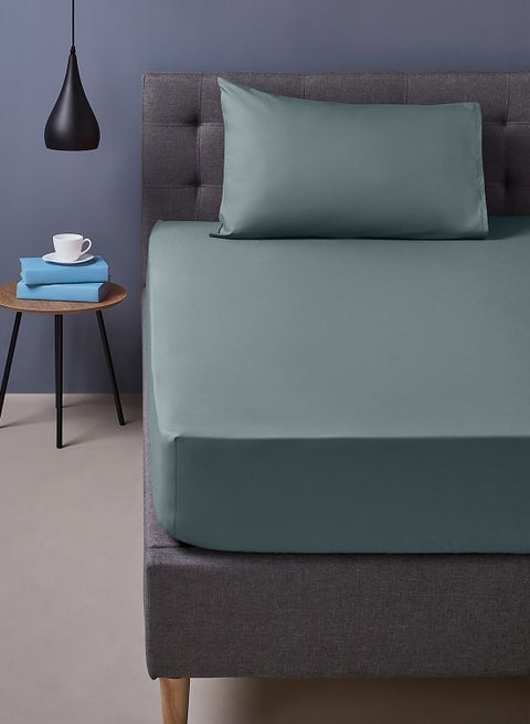 100 % Cotton 200 Thread Count 2-Piece Solid Design Fitted  Sheet With Pillow Case Set -150X200 + 25 cm + 2 Pillow Case 50X75 cm Silver Blue