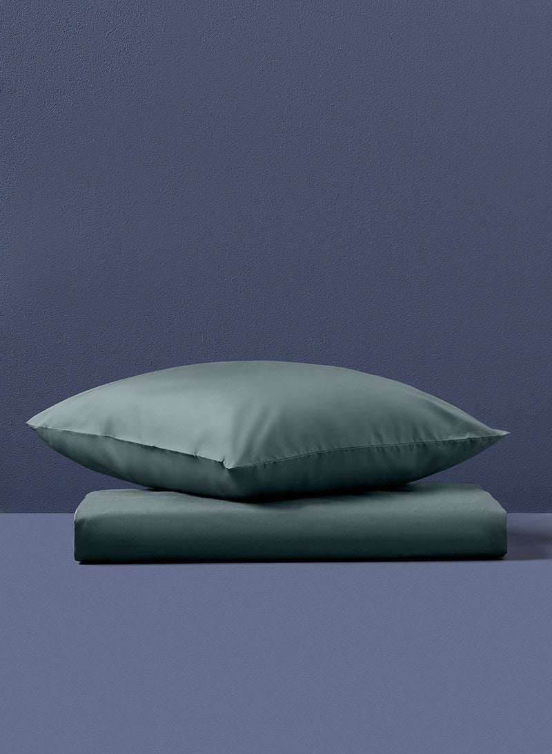100 % Cotton 200 Thread Count 2-Piece Solid Design Fitted  Sheet With Pillow Case Set -150X200 + 25 cm + 2 Pillow Case 50X75 cm Silver Blue