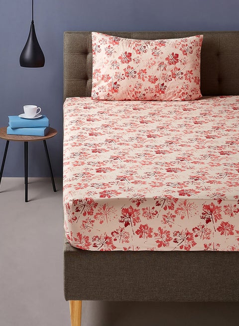 100% Cotton Printed 200 Thread Count Fitted Sheet Set Pillow Case Set  Pillow Case 120X200 + 25 cm + 1 Pillow Case 50X75 cm Foliolu - Red Twin