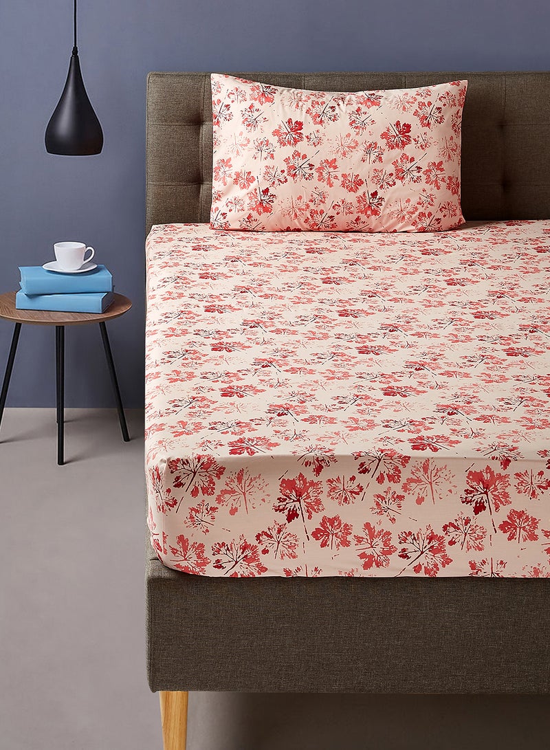 Noon East 100% Cotton Printed 200 Thread Count Fitted Sheet Set Pillow Case Set  Pillow Case 120X200 + 25 cm + 1 Pillow Case 50X75 cm Foliolu - Red Twin  - Image 1