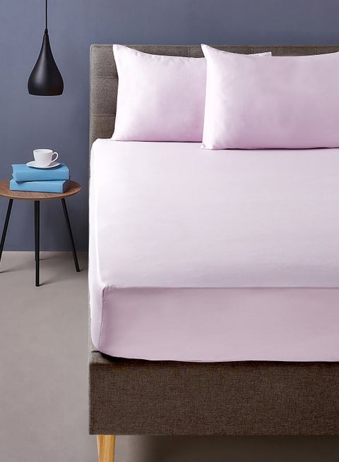 Fitted Bedsheet Set Super King Size  100% Organic Cotton Premium Quality 220 TC Breathable And Soft 1 Bed Sheet And 2 Pillow Cases Lilac Color Lilac 200 x 200 + 33cm
