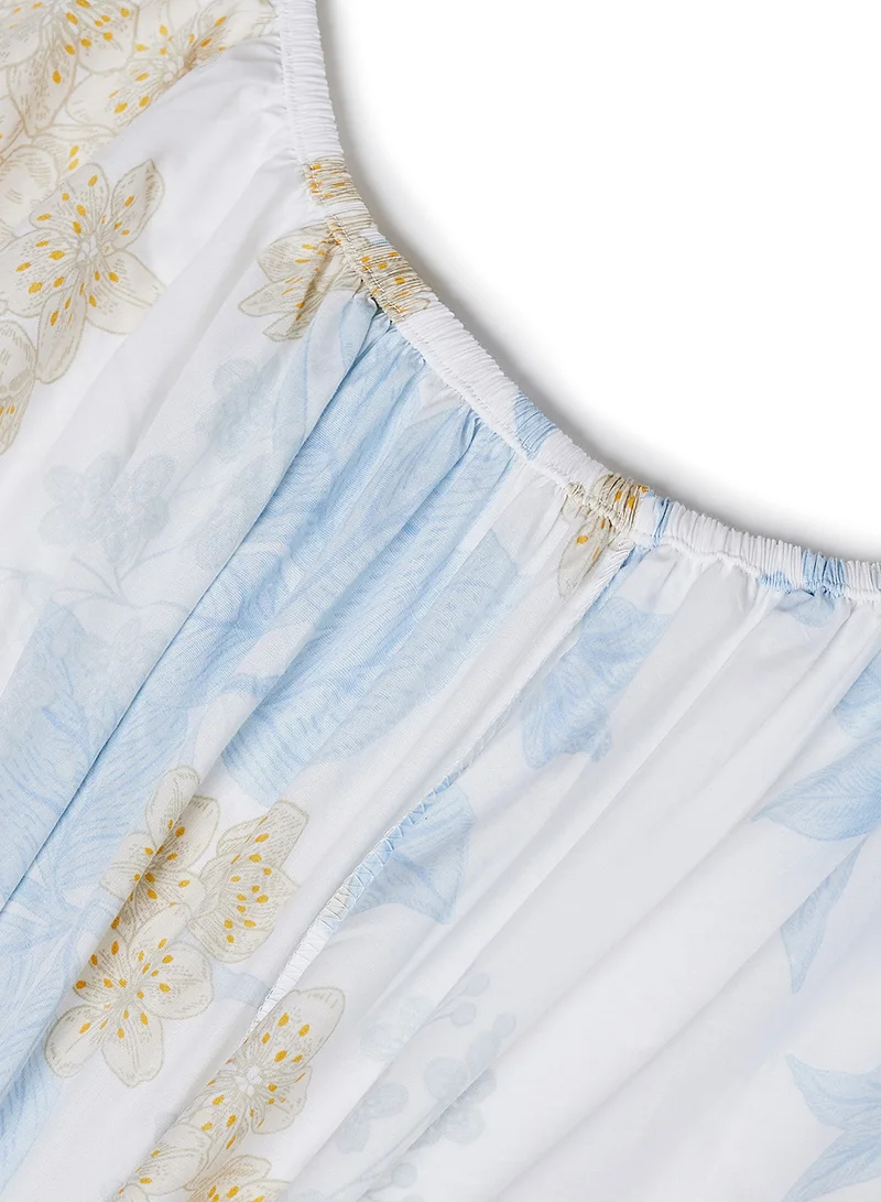 Noon East Fitted Bedsheet Set Queen Size  100% Cotton Percale Light Weight Everyday Use 180 TC High Quality 1 Bed Sheet And 2 Pillow Cases Printed Design Light Blue Color Light Blue