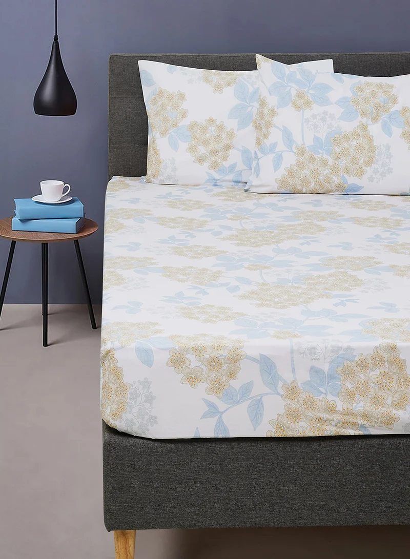 Noon East Fitted Bedsheet Set Queen Size  100% Cotton Percale Light Weight Everyday Use 180 TC High Quality 1 Bed Sheet And 2 Pillow Cases Printed Design Light Blue Color Light Blue