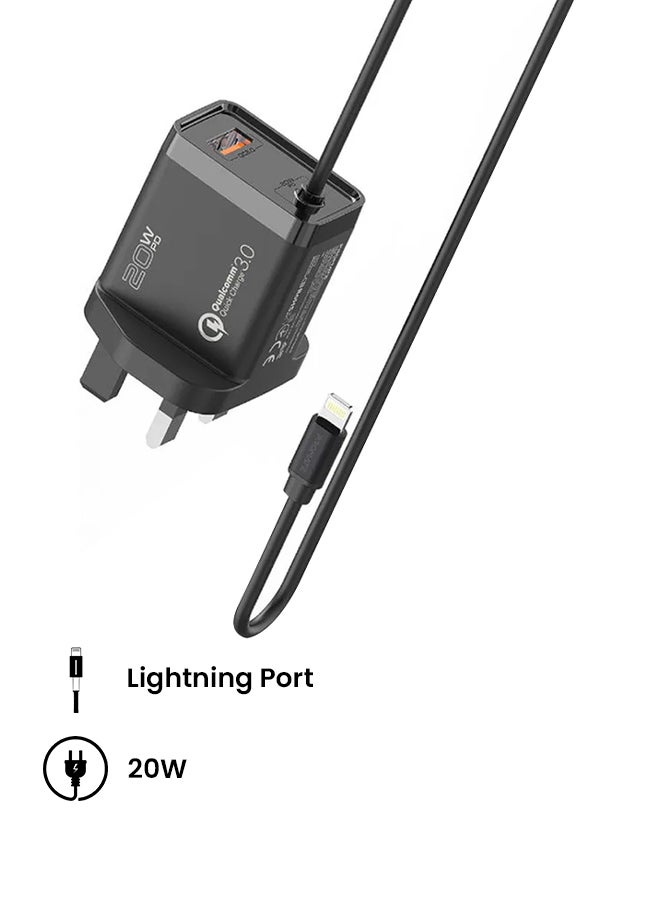 PROMATE - iPhone Charger, Fast Charging 20W Power Delivery Wall Charger with 1.5m Lightning Cable, Quick Charge 3.0 USB Port and Adaptive Fast Charging for iPhone 12,12 Pro,Galaxy S21/S21+, iCharge-PDQC3-UK-Black Black - Image 1
