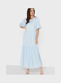 Crew Neck Pleated Dress Blue