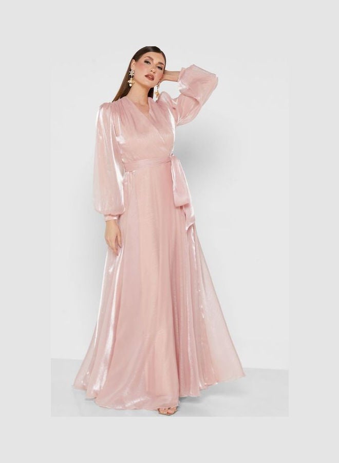 Khizana Tied Waist Cross Front Dress Pink  - Image 1