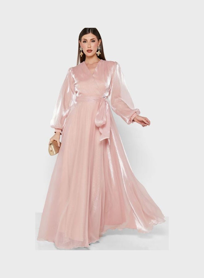 Khizana Tied Waist Cross Front Dress Pink  - Image 4