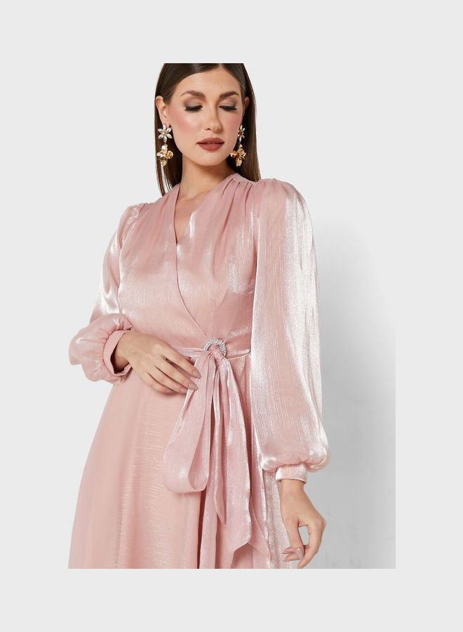 Khizana Tied Waist Cross Front Dress Pink  - Image 3