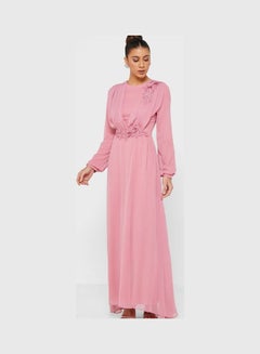 Ruched Embroidered Dress Pink