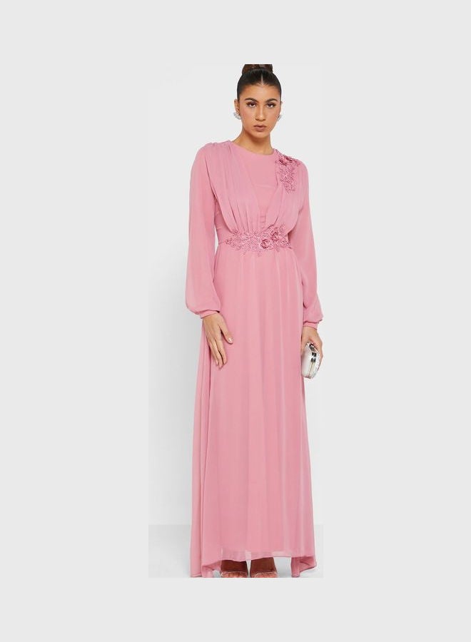 Khizana - Ruched Embroidered Dress Pink - Image 1