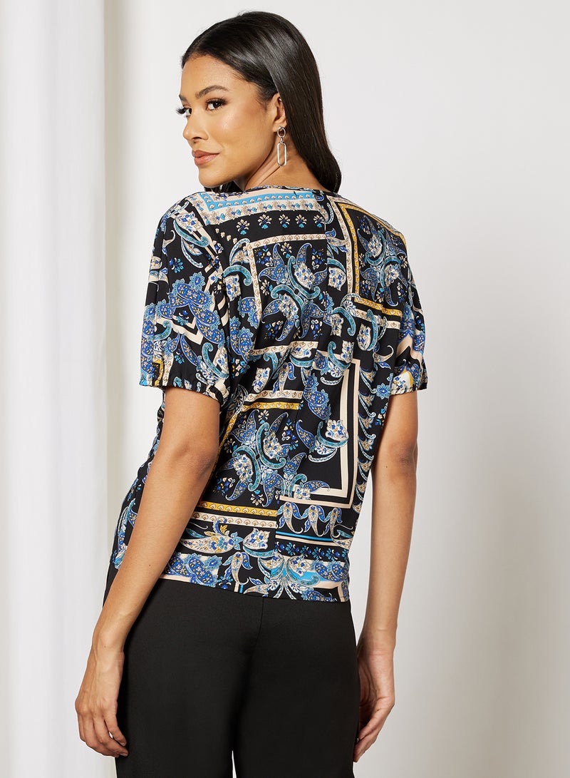 Aila - Women's Casual V-Neck Short Sleeve Tie Front Printed Tops Blue - Image 1