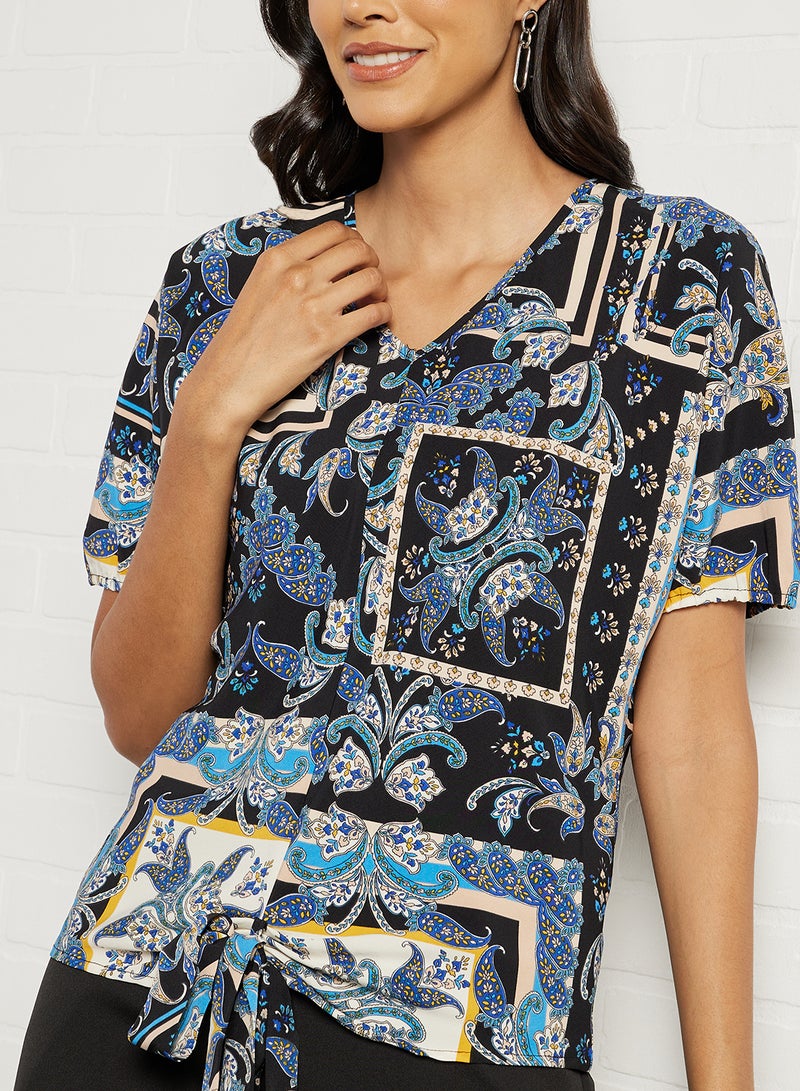 Aila - Women's Casual V-Neck Short Sleeve Tie Front Printed Tops Blue - Image 1