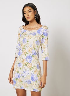 Women's Casual Boat Neck Half Sleeve  Print Mini Dress Multicolour
