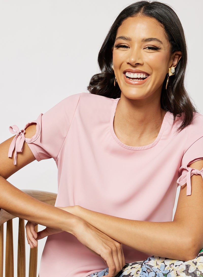 Aila - Women's Casual Knotted Short Sleeve Round Neck Crop Top Pink - Image 1