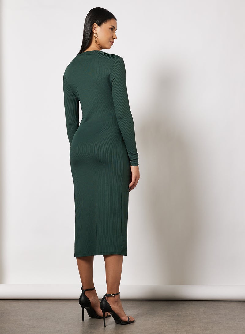 NA-KD - V-Neck Ribbed Dress Green - Image 1