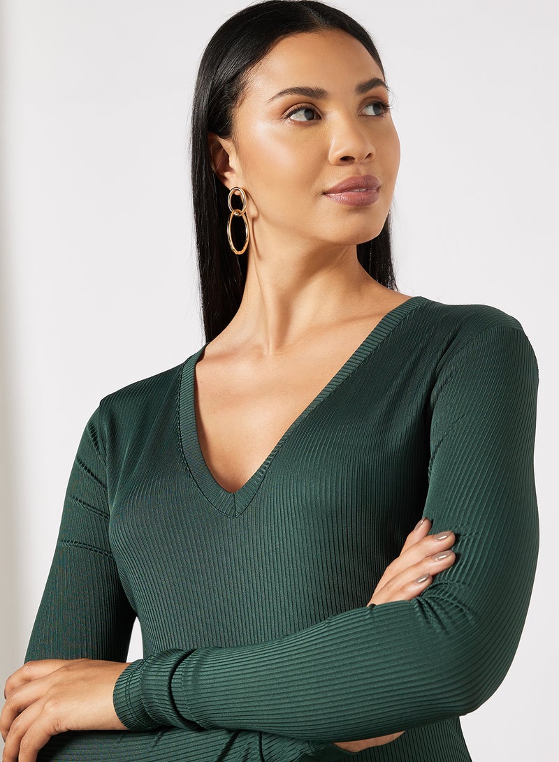 NA-KD - V-Neck Ribbed Dress Green - Image 1