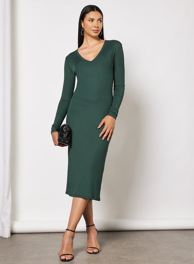 NA-KD - V-Neck Ribbed Dress Green - Image 1