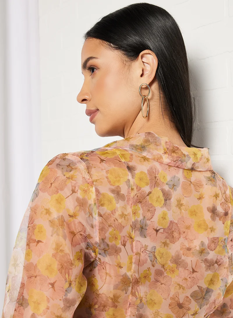نا-كد قميص برقبة مع قبة مزين بطبعة زهور Floral Print