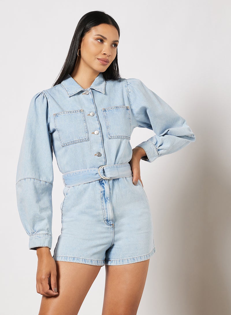 NA-KD - Denim Playsuit Light Blue - Image 1