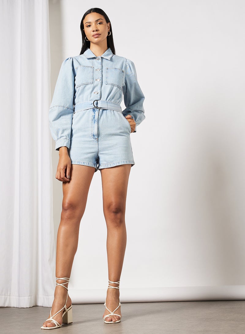 NA-KD - Denim Playsuit Light Blue - Image 1