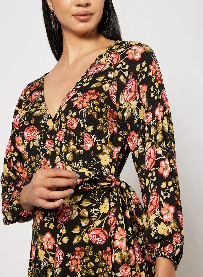 NA-KD Floral Wrap Dress Black Flower Print