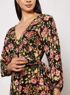 NA-KD Floral Wrap Dress Black Flower Print  - Image 3