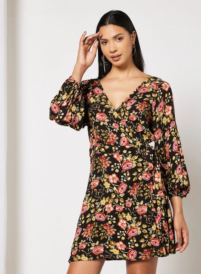 NA-KD Floral Wrap Dress Black Flower Print