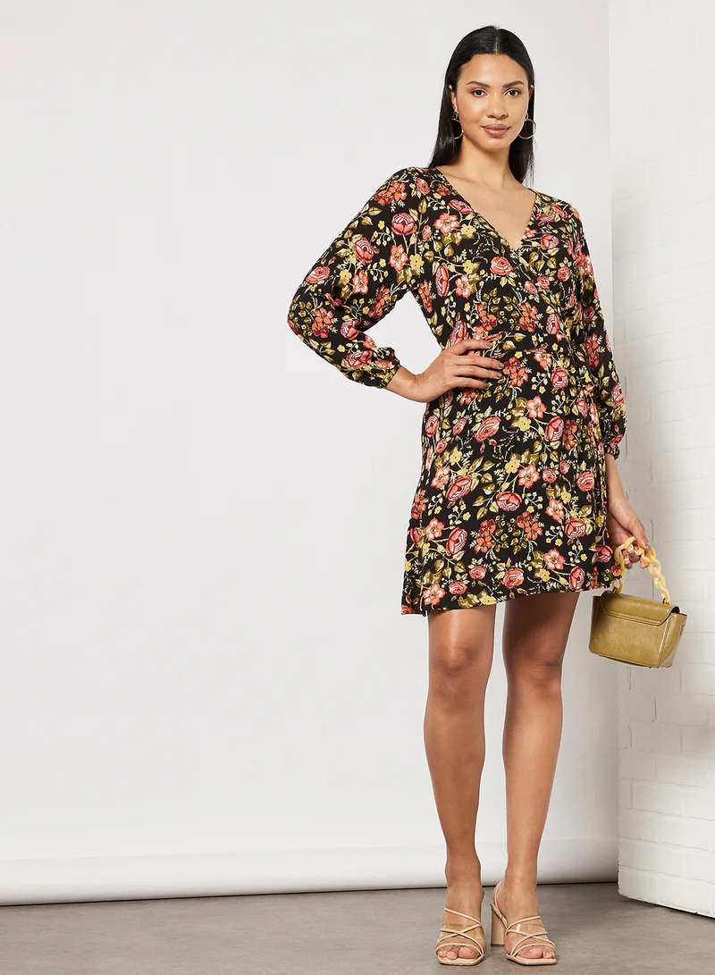 NA-KD Floral Wrap Dress Black Flower Print