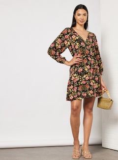 NA-KD Floral Wrap Dress Black Flower Print  - Image 4