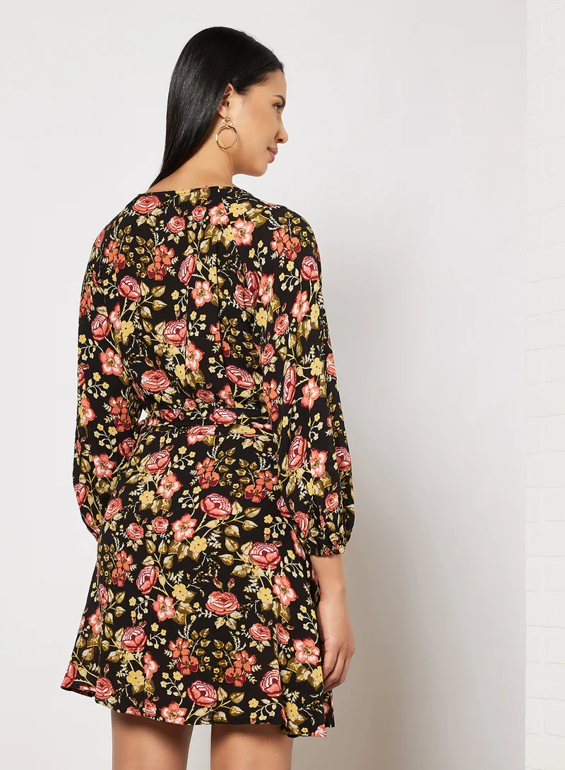 NA-KD Floral Wrap Dress Black Flower Print