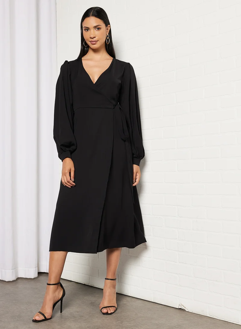 NA-KD Long Sleeve Wrap Dress Black
