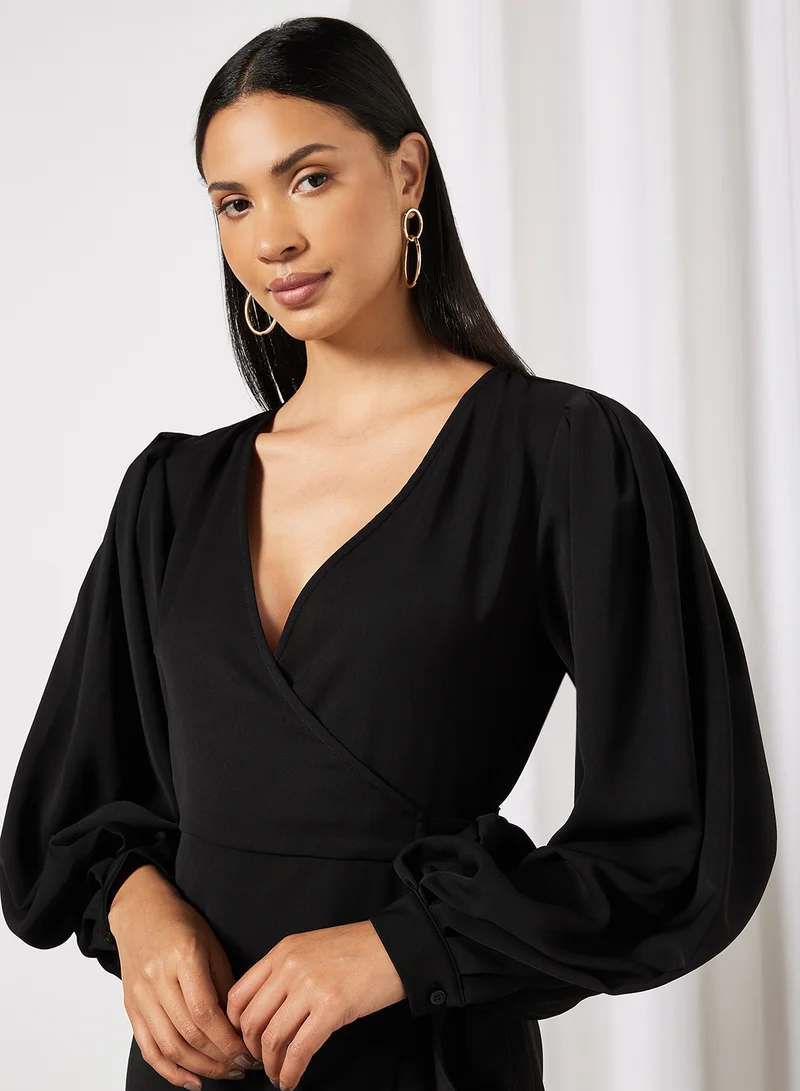 NA-KD Long Sleeve Wrap Dress Black