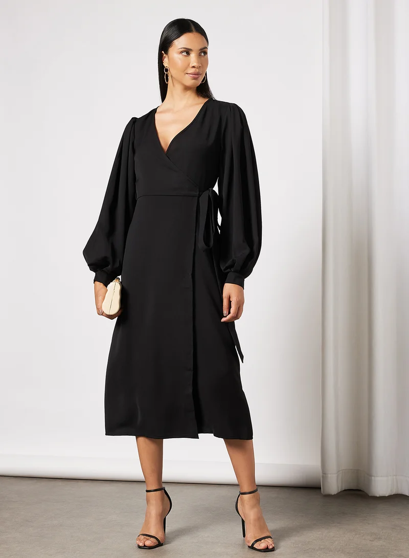 NA-KD Long Sleeve Wrap Dress Black