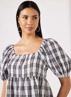 NA-KD Square Neck Seersucker Dress Black Check  - Image 3