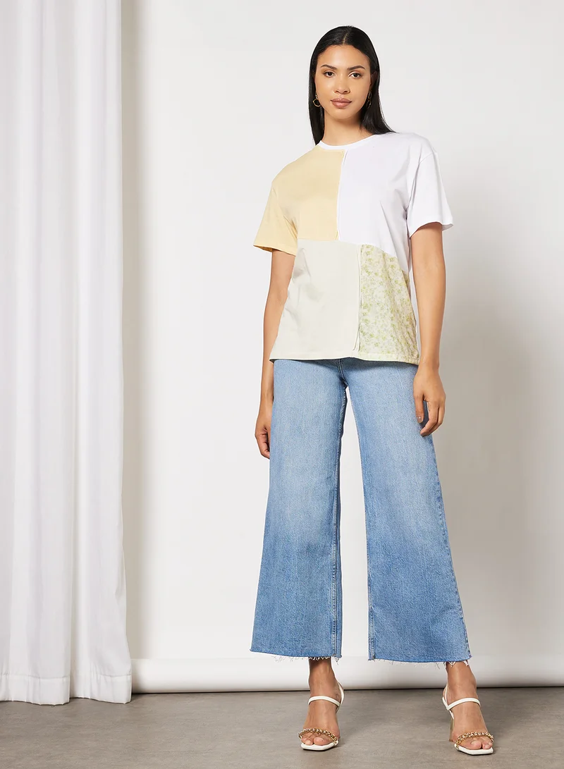 NA-KD Block Pattern Round Neck T-Shirt Multicolor