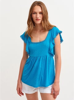 Button Detailed Frill Blouse Blue - v1650305085/N52862902V_4