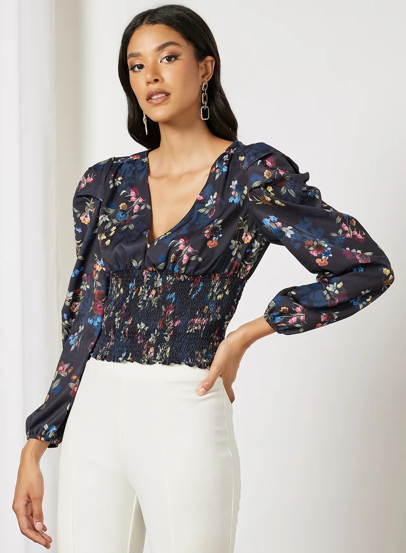 Chi-Chi London Amanza Floral Print Blouse Navy